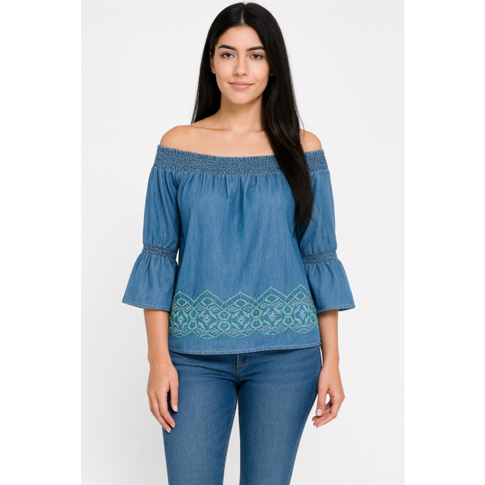 Women's Crown & Ivy Petite Blue Off-Shoulder Blouse with Green Embroidery